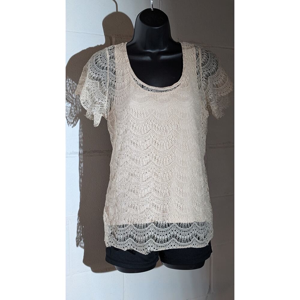 Ann Taylor Lace Overlay Short Sleeve Top Shirt Beige Tank Blouse Small